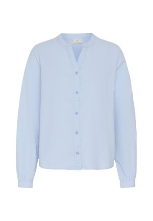 Blusa azzurro chiaro a maniche lunghe con collo a banda e chiusura frontale con bottoni, caratterizzata da polsini arricciati e una vestibilità comoda.