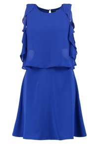 Robe bleu cobalt sans manches avec un corsage à plusieurs couches et des détails froncés sur les côtés de la partie supérieure, jupe évasée et encolure ronde.