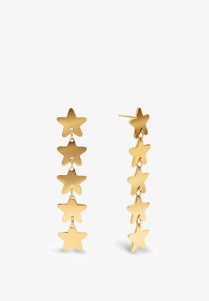 Złote kolczyki mają kaskadowy wzór składający się z pięciu połączonych, wyciętych kształtów gwiazd o błyszczącej powierzchni.