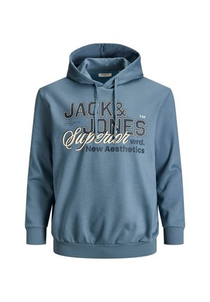 Sinine kapuutsiga dressipluus nööriga, soonikkoes mansettide ja alaosaga ning esiküljel julge tekstiga "JACK & JONES Superior New Aesthetics".