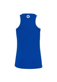 Blaues ärmelloses Sporttanktop aus atmungsaktivem Material, mit runder Ausschnitt und weißen Akzenten entlang der Armlöcher und des Saums.