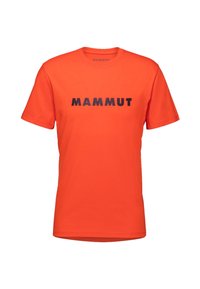 Pomarańczowa bawełniana koszulka z krótkim rękawem z czarnym logo "MAMMUT" na piersi. Klasyczny dekolt w serek, gładka tekstura.