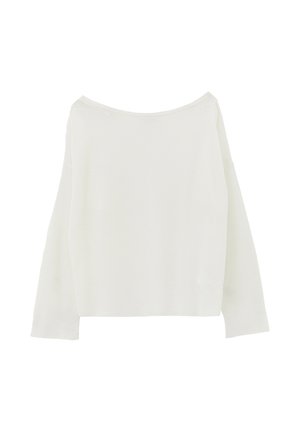 Jersey blanco de manga larga con un escote ancho y un ajuste cómodo, presentado sobre un fondo blanco liso.