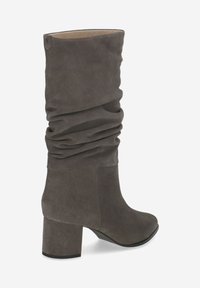Gray suede ankle boots with a slouchy design, round toe, and a sturdy block heel. Smooth texture and minimal detailing.