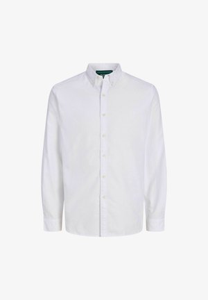 Weißes Baumwoll-Hemd mit klassischem Kragen, langen Ärmeln und gerader Säume. Verfügt über sechs Vorderknöpfe und eine schlichte Textur.