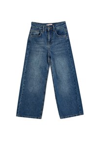 Pantalones vaqueros de denim azul de pierna ancha con cintura alta, que cuentan con un cierre de botón, trabillas para cinturón y un diseño clásico de cinco bolsillos. Tela texturizada.