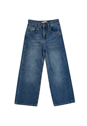 Pantalones vaqueros de denim azul de pierna ancha con cintura alta, que cuentan con un cierre de botón, trabillas para cinturón y un diseño clásico de cinco bolsillos. Tela texturizada.