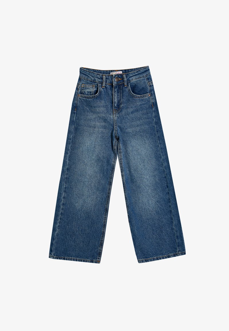 Pantalones vaqueros de denim azul de pierna ancha con cintura alta, que cuentan con un cierre de botón, trabillas para cinturón y un diseño clásico de cinco bolsillos. Tela texturizada.