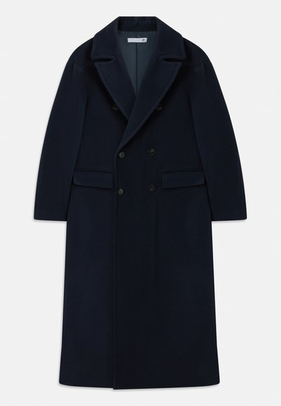 Marineblauer doppelt knöpfbarer, langer Wollmantel mit breiten Revers und Klappentaschen, entworfen für kaltes Wetter.