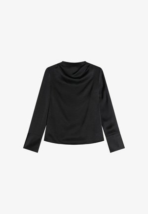 Zwarte langemouwen top met een kraag rondom de hals, een gladde textuur en een iets relaxte pasvorm. Kenmerkt zich door eenvoudige, strakke lijnen en geen zichtbare details.