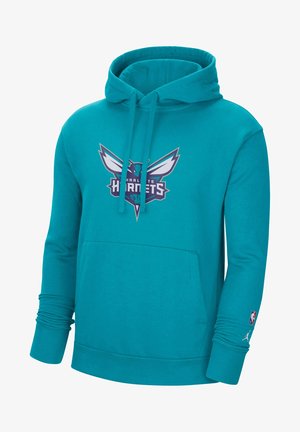 Teal Charlotte Hornets Hoodie mit Fronttasche, Kordelzugkapuze und NBA- und Jordan-Logos auf dem rechten Ärmel.