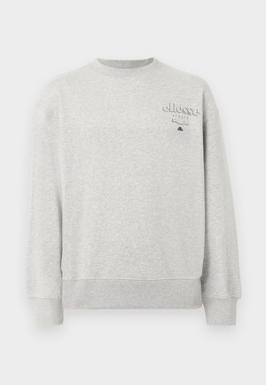 Felpa girocollo grigio chiaro con maniche lunghe e piccolo logo "ellesse Italia" sul petto in alto a sinistra.