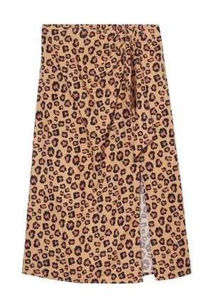 Ołówkowa spódnica w panterkę w odcieniu beżowym, z czarnymi i pomarańczowymi plamkami, z teksturowanej tkaniny i bocznym rozcięciem dla dodatkowego efektu. Elastyczna talia.