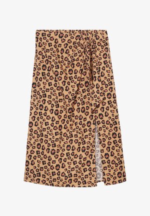 Leopardenmuster Wickelrock in Beige, mit schwarzen und orangen Flecken, strukturiertem Stoff und einem seitlichen Schlitz für zusätzlichen Detail. Elastischer Bund.