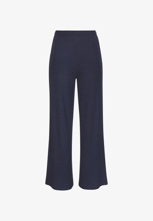 Tumesinised wide-leg püksid ribikojaga tekstuuriga, elastse vöökoha ja mugava laia lõikega, sobivad igapäevaseks kandmiseks.