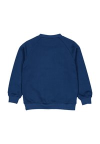 Felpa blu navy con colletto a girocollo a costine, maniche lunghe a raglan e polsini elasticizzati. Tessuto morbido, design minimalista senza motivi.
