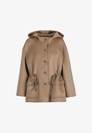 Svijetlo bež kapuljača jakna od meke tkanine, s dugmadima zlatne boje, strukom s vrpcom za zatezanje i dva prednja džepa.