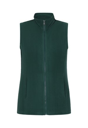 Zöld polár mellény magas gallérral, elülső cipzárral és oldalsó zsebekkel. Simább textúrával rendelkezik, és ujjatlan kialakítással bír.
