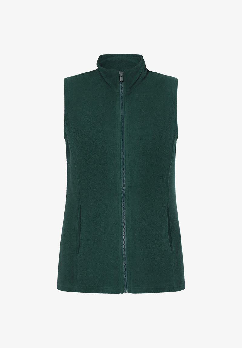 Grüner Fleece-Weste mit hohem Kragen, Frontreißverschluss und Seitentaschen. Verfügt über eine glatte Textur und ärmelloses Design.