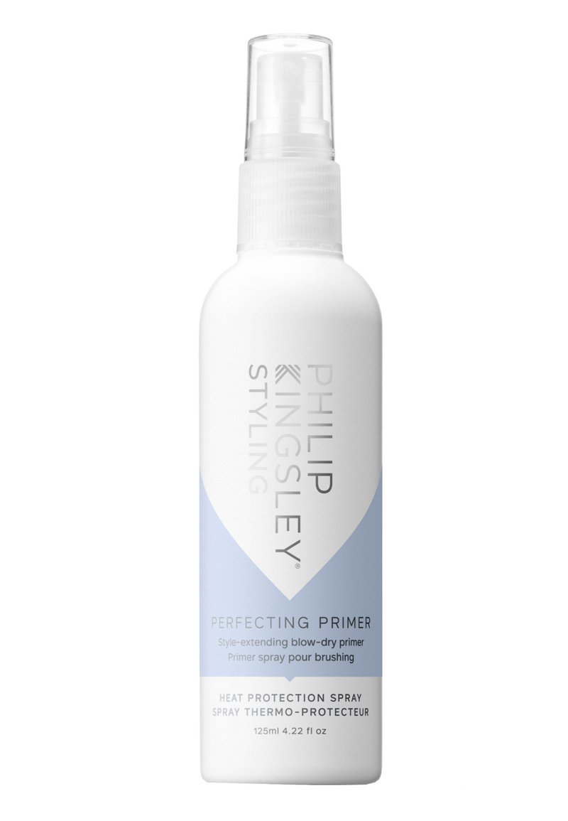 Weißer Sprühflasche mit einem durchsichtigen Deckel, versehen mit einem blauen Etikett. Der Text enthält "Philip Kingsley" und "Perfecting Primer." Größe: 125 ml.