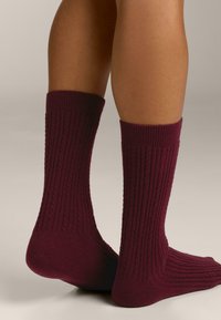 Vinrøde ribstrikkede sokker med et tekstureret mønster, midt på læggen længde og en behagelig pasform. Blødt materiale med forstærkede tå- og hælområder.