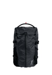 Black backpack made of lightweight, textured fabric with a central zipper, adjustable straps, and a top handle. Features a logo on the side.
