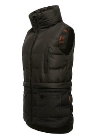 Gilet rembourré noir avec col montant, fermeture zippée et ourlet élastique. Il dispose de deux poches avant et de détails de logo sur l'épaule.