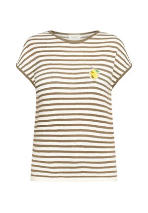 Wit korte mouwen top met horizontale bruine strepen en kleine gele citroenborduursel op de linkerborst.