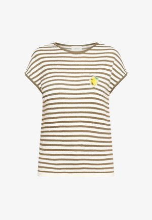 Wit korte mouwen top met horizontale bruine strepen en kleine gele citroenborduursel op de linkerborst.