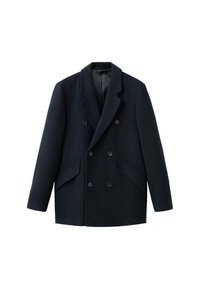 Cappotto doppiopetto blu navy in una miscela di lana testurizzata, con colletto a revers, grandi bottoni e due tasche frontali.
