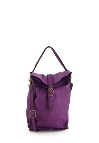 Purple leather handbag with a top handle, adjustable shoulder strap, front flap, and brass buckle closure on a white background.