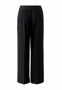 Schwarze Hose mit weitem Bein aus glattem Stoff, mit einem strukturierten dunkelgrünen Bund, auf dem das Wort "OUI" geprägt ist.