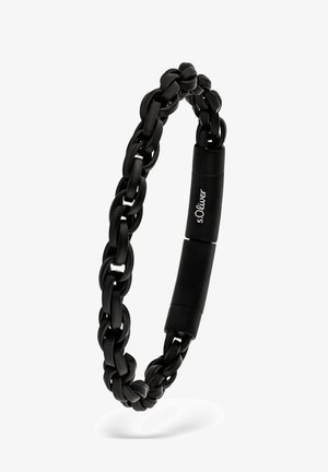 Bracciale a catena opaco nero con chiusura recante il logo "s.Oliver" in bianco su un segmento cilindrico liscio.