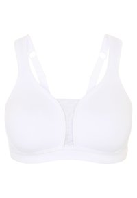 Sostén inalámbrico blanco con copas suaves, tirantes ajustables y una banda elástica suave. Presenta un diseño sin costuras y un centro de malla transpirable.