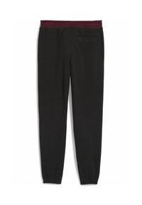Sorte joggingbukser med en bordeaux elastisk talje, tapered ben og en lille baglomme. Lavet af et blødt stof med en glat overflade.