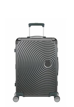 Hartschalen-Koffer in Schwarz mit konzentrischem Kreisdesign, Teleskopgriff, Seitengriff und vier drehbaren Rollen.