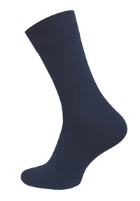 Calzino blu navy con bordo a coste, texture liscia, lunghezza alla caviglia e design della punta senza cuciture.