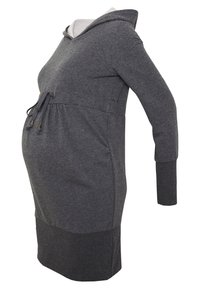 Šedé těhotenské mikinové šaty se stahovací šňůrkou v pase, dlouhými rukávy a kontrastní kapucí. Měkká látka s přiléhavým spodním lemem.