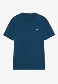 Dark blue short-sleeve t-shirt made from cotton, featuring a crew neck and a small white bird logo on the left chest. Smooth texture.