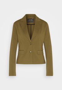 Světlý zelený přiléhavý blazer s klopovým límcem, dlouhými rukávy, dvěma předními knoflíky a záševkovými kapsami, vystavený na jednoduchém bílém pozadí.