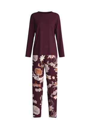 Langärmliges, burgunderfarbenes Oberteil kombiniert mit gemusterten Hosen in ähnlichen Farbtönen, mit lockerer Passform und weichem Stoffeindruck.