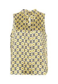 Blusa senza maniche in giallo e navy con motivo geometrico, caratterizzata da un collo alto e dettaglio a chiave nella parte anteriore, realizzata in tessuto leggero.