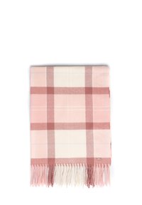 Koc w kratę w miękkich różowych i kremowych kolorach, z frędzlami na krawędziach i bawełnianą teksturą. Zawiera prostokątne bloki kolorów.