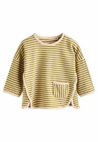 Pruhovaný top s dlhými rukávmi vyrobený z mäkkej tkaniny, s olivovo zelenými a svetlo béžovými pruhmi, okrúhlym výstrihom a prednou náprsnom vreckom.