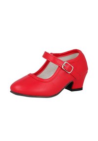 Zapato rojo tipo Mary Jane con tacón bajo, una sola correa y hebilla plateada, diseñado para la ropa formal de niños.