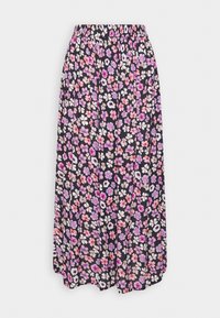 Jupe midi noire avec taille élastique, couverte d'un petit motif floral rose, violet et blanc, en tissu plissé.