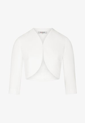 Balta īsā jaka ar apaļu kakla izgriezumu, trīs ceturtdaļu piedurknēm un teksturētu audumu. Iekļauj priekšpusi atvērtu dizainu ar gludu apdari.