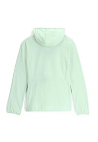 Giacca a cappuccio verde chiaro realizzata in tessuto leggero e liscio. Presenta un design con schiena intera, maniche lunghe e senza chiusure visibili.