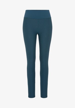 Teal leggings with a textured honeycomb pattern, high waistband, and stretch fabric. Fitted cut, seamless construction, and no visible hardware.