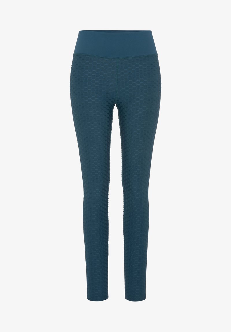 Teal leggings with a textured honeycomb pattern, high waistband, and stretch fabric. Fitted cut, seamless construction, and no visible hardware.